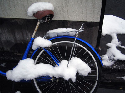 乗り捨てられた自転車に雪